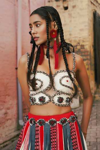 Shop_Shwetanga_Red Cotton Beads, Fabric Flowers Sweetheart Panelled Naga Skirt And Bustier Set _Online_at_Aza_Fashions
