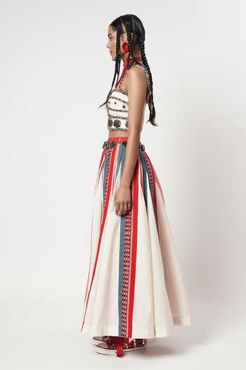 Shwetanga_Red Cotton Beads, Fabric Flowers Sweetheart Panelled Naga Skirt And Bustier Set _at_Aza_Fashions