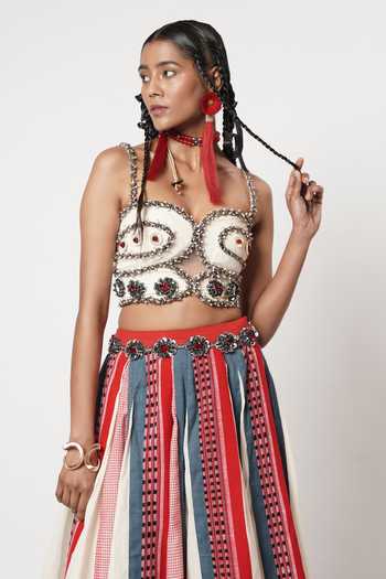 Shop_Shwetanga_Red Cotton Beads, Fabric Flowers Sweetheart Panelled Naga Skirt And Bustier Set 