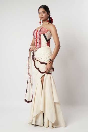 Shwetanga_Ivory Cotton Sweetheart Neck Draped Layered Skirt Set _Online_at_Aza_Fashions