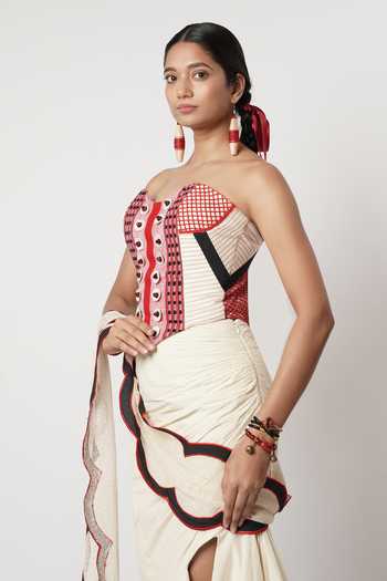 Shwetanga_Ivory Cotton Sweetheart Neck Draped Layered Skirt Set _at_Aza_Fashions