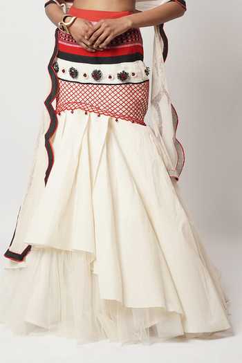 Shwetanga Ivory Cotton, Tulle Beads, Stones, Embroidery Layered Floret Fish Cut Skirt Set Online at Aza Fashions Shwetanga_Ivory Cotton, Tulle Beads, Stones, Embroidery Layered Floret Fish Cut Skirt Set _Online_at_Aza_Fashions