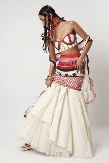 Buy_Shwetanga_Ivory Cotton, Tulle Beads, Stones, Embroidery Layered Floret Fish Cut Skirt Set _Online_at_Aza_Fashions
