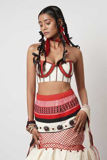 Shop_Shwetanga_Ivory Cotton, Tulle Beads, Stones, Embroidery Layered Floret Fish Cut Skirt Set _Online_at_Aza_Fashions