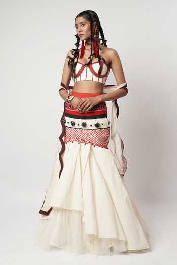 Shwetanga_Ivory Cotton, Tulle Beads, Stones, Embroidery Layered Floret Fish Cut Skirt Set _at_Aza_Fashions