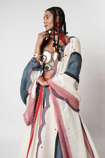 Shwetanga_Multi Color Cotton Beads Sweetheart Neck Colorblock Panelled Lehenga Set _Online_at_Aza_Fashions