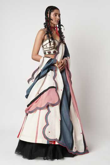 Shwetanga_Multi Color Cotton Beads Sweetheart Neck Colorblock Panelled Lehenga Set _at_Aza_Fashions