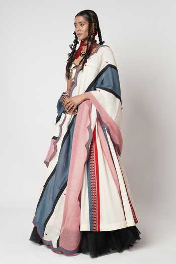 Buy_Shwetanga_Multi Color Cotton Beads Sweetheart Neck Colorblock Panelled Lehenga Set 