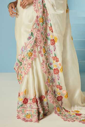Chandrima_Ivory Silk Organza, Chanderi Placement Saree With Unstitched Blouse Piece _Online_at_Aza_Fashions