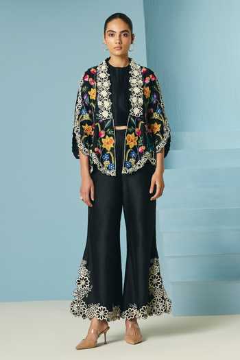 Chandrima_Black Chanderi Embroidery, Beads Open Neck Floral Foliage Flared Jacket _Online_at_Aza_Fashions