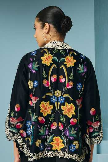 Buy_Chandrima_Black Chanderi Embroidery, Beads Open Neck Floral Foliage Flared Jacket _Online_at_Aza_Fashions