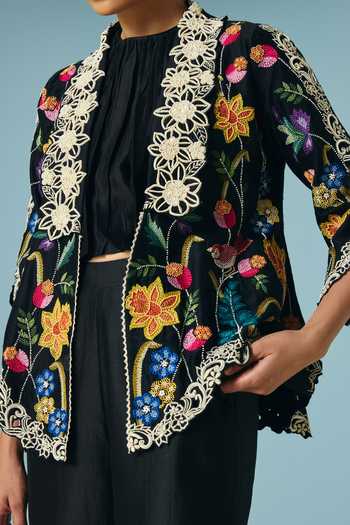 Shop_Chandrima_Black Chanderi Embroidery, Beads Open Neck Floral Foliage Flared Jacket _Online_at_Aza_Fashions