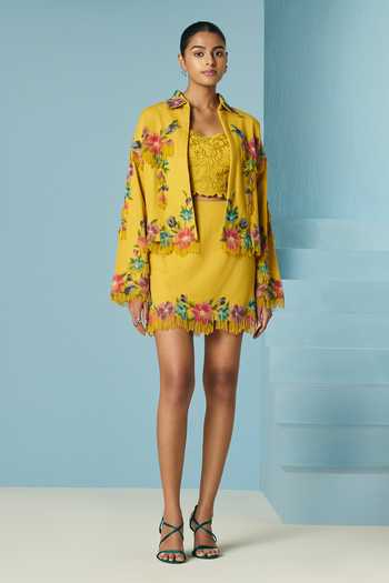 Chandrima_Yellow Cotton, Twill Beads, Fringe Collared Mustard Floral Beaded Short Jacket _Online_at_Aza_Fashions