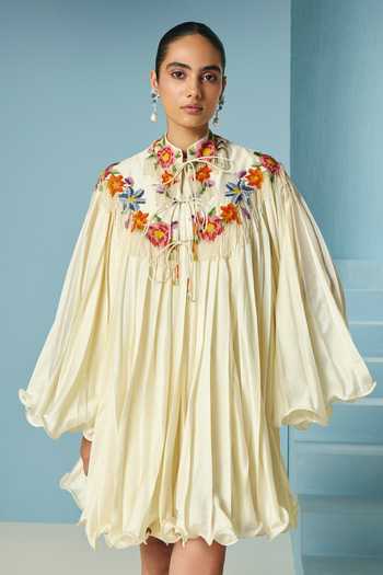 Chandrima Ivory Chanderi Mandarin Collar, High Neck Pleated Dress With Floral Cape Online at Aza Fashions Chandrima_Ivory Chanderi Mandarin Collar, High Neck Pleated Dress With Floral Cape _Online_at_Aza_Fashions