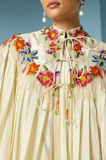 Buy Chandrima Ivory Chanderi Mandarin Collar, High Neck Pleated Dress With Floral Cape Online at Aza Fashions Buy_Chandrima_Ivory Chanderi Mandarin Collar, High Neck Pleated Dress With Floral Cape _Online_at_Aza_Fashions