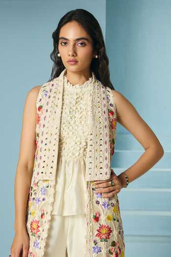 Chandrima_Ivory Chanderi Embroidery, Beads Floral Threadwork And Long Jacket _Online_at_Aza_Fashions