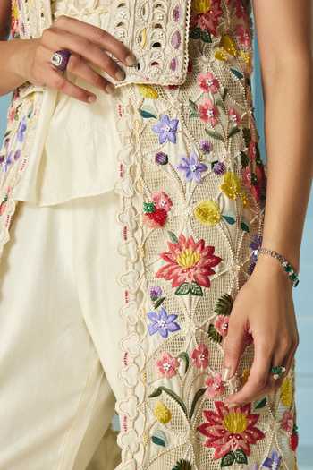 Buy_Chandrima_Ivory Chanderi Embroidery, Beads Floral Threadwork And Long Jacket _Online_at_Aza_Fashions