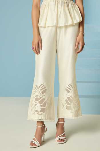 Chandrima_Ivory Chanderi Cut Work, Applique Checkered Pant _Online_at_Aza_Fashions