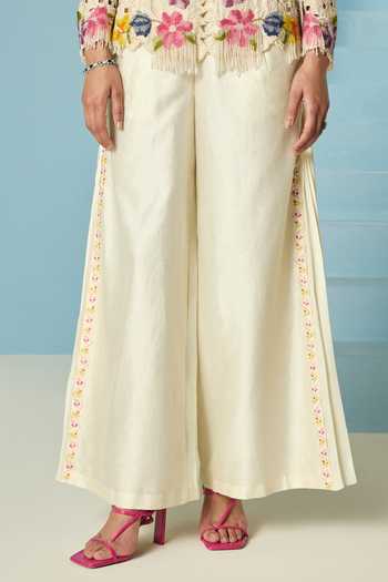 Chandrima_Ivory Chanderi Embroidery, Beads Pleated Palazzo _Online_at_Aza_Fashions