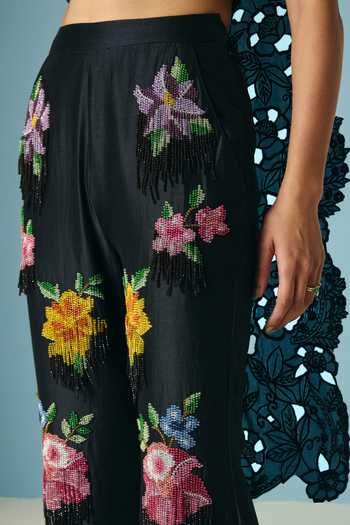 Buy_Chandrima_Black Chanderi Beads, Fringe Floral And Beadwork Palazzo _Online_at_Aza_Fashions
