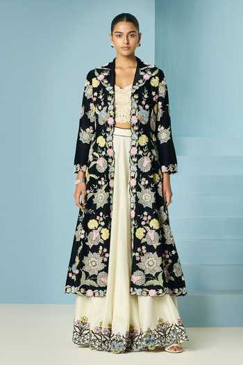 Buy Chandrima Black Chanderi Embroidery, Beads, Applique, Fabric Flowers Long Jacket at Aza Fashions Buy_Chandrima_Black Chanderi Embroidery, Beads, Applique, Fabric Flowers Long Jacket _at_Aza_Fashions