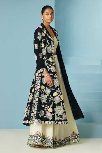 Chandrima Black Chanderi Embroidery, Beads, Applique, Fabric Flowers Long Jacket Online at Aza Fashions Chandrima_Black Chanderi Embroidery, Beads, Applique, Fabric Flowers Long Jacket _Online_at_Aza_Fashions