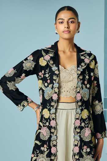 Buy Chandrima Black Chanderi Embroidery, Beads, Applique, Fabric Flowers Long Jacket Online at Aza Fashions Buy_Chandrima_Black Chanderi Embroidery, Beads, Applique, Fabric Flowers Long Jacket _Online_at_Aza_Fashions
