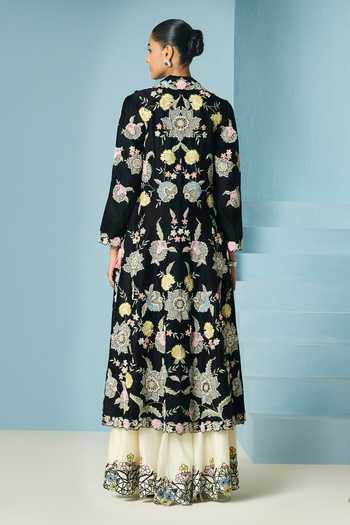Shop Chandrima Black Chanderi Embroidery, Beads, Applique, Fabric Flowers Long Jacket at Aza Fashions Shop_Chandrima_Black Chanderi Embroidery, Beads, Applique, Fabric Flowers Long Jacket _at_Aza_Fashions