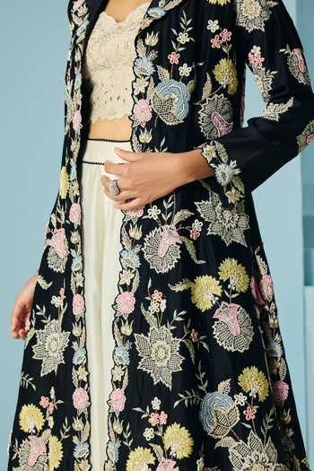 Shop Chandrima Black Chanderi Embroidery, Beads, Applique, Fabric Flowers Long Jacket Online at Aza Fashions Shop_Chandrima_Black Chanderi Embroidery, Beads, Applique, Fabric Flowers Long Jacket _Online_at_Aza_Fashions