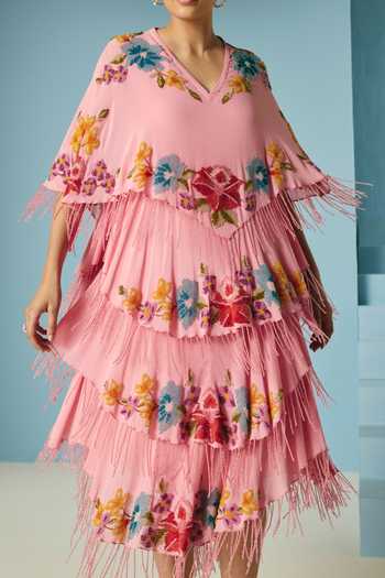 Chandrima Pink Silk, Georgette Embroidery, Beads, Fringe Floral Beadwork Tiered Dress Online at Aza Fashions Chandrima_Pink Silk, Georgette Embroidery, Beads, Fringe Floral Beadwork Tiered Dress _Online_at_Aza_Fashions