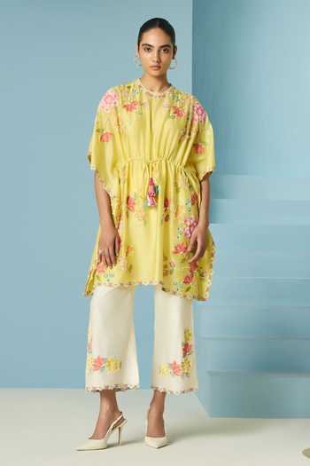 Chandrima_Yellow Chanderi Beads Round Neck Butter Embroidered Kaftan _Online_at_Aza_Fashions
