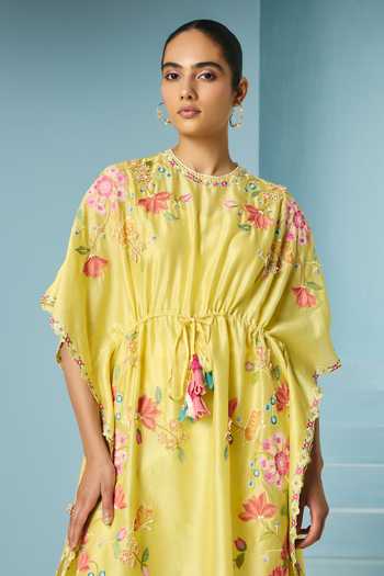 Buy_Chandrima_Yellow Chanderi Beads Round Neck Butter Embroidered Kaftan _Online_at_Aza_Fashions
