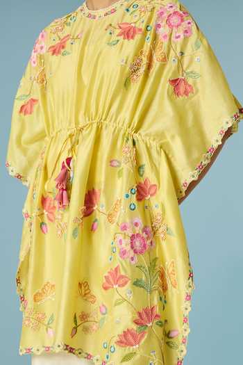Shop_Chandrima_Yellow Chanderi Beads Round Neck Butter Embroidered Kaftan _Online_at_Aza_Fashions