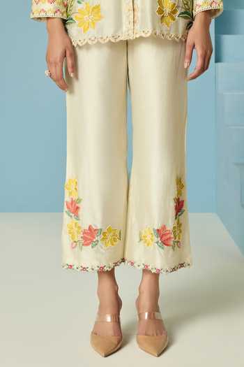 Buy_Chandrima_Ivory Chanderi Embroidery, Beads Straight Pant _Online_at_Aza_Fashions