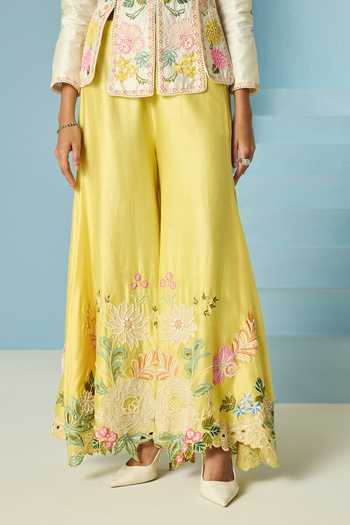 Chandrima_Yellow Chanderi Embroidery, Beads, Applique Butter Sharara _Online_at_Aza_Fashions