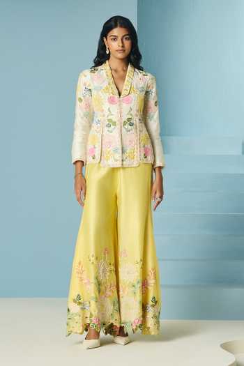 Buy_Chandrima_Yellow Chanderi Embroidery, Beads, Applique Butter Sharara _Online_at_Aza_Fashions
