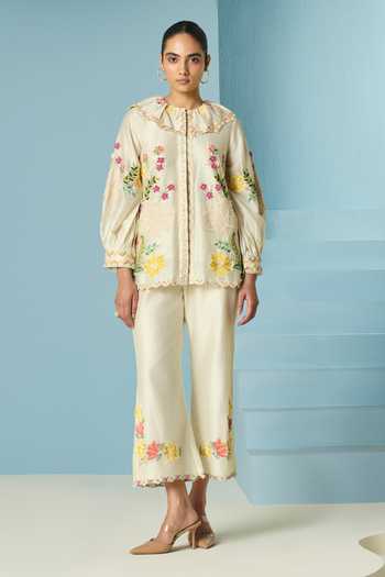 Chandrima_Ivory Chanderi Embroidery, Beads, Applique Round Neck Floral Shirt _Online_at_Aza_Fashions