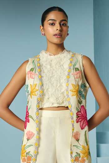 Chandrima_Ivory Silk Organza Beads, Applique Open Neck Floral Long Jacket _Online_at_Aza_Fashions