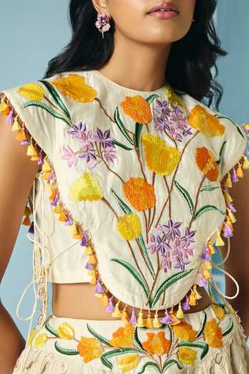 Chandrima_Ivory Chanderi High Neck Tulip Embroidered Cape With Bustier _Online_at_Aza_Fashions