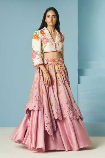 Chandrima_Ivory Chanderi Beads, Fringe Shawl Neck Beadwork Bolero Jacket _Online_at_Aza_Fashions