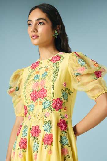 Chandrima_Yellow Chanderi Beads, Cut Work, Applique Round Neck Butter Flounce Dress _Online_at_Aza_Fashions