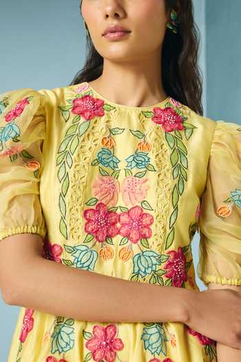Buy_Chandrima_Yellow Chanderi Beads, Cut Work, Applique Round Neck Butter Flounce Dress _Online_at_Aza_Fashions