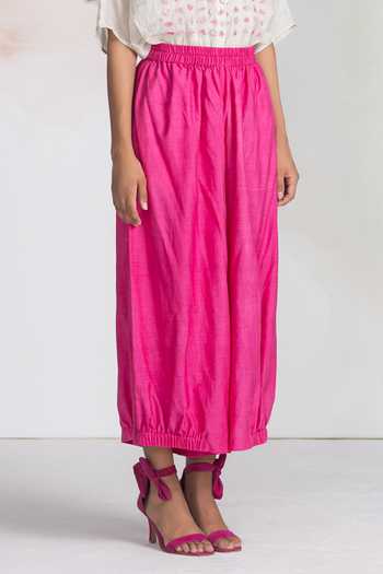 Ilk_Fuchsia Silk Rose Elasticated Pant _Online_at_Aza_Fashions
