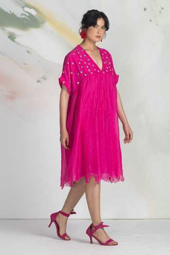 Ilk_Pink Chiffon, Mukaish Embroidery V-neck Ditsy Lichen Short Dress _Online_at_Aza_Fashions