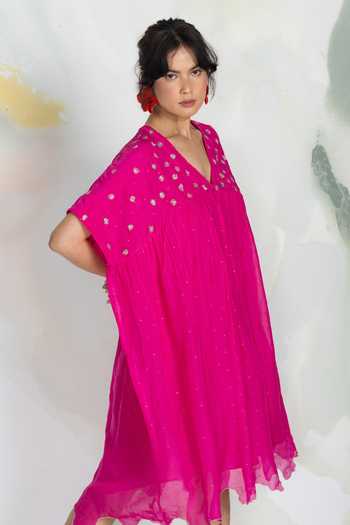 Buy_Ilk_Pink Chiffon, Mukaish Embroidery V-neck Ditsy Lichen Short Dress _Online_at_Aza_Fashions
