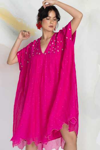 Shop_Ilk_Pink Chiffon, Mukaish Embroidery V-neck Ditsy Lichen Short Dress _Online_at_Aza_Fashions