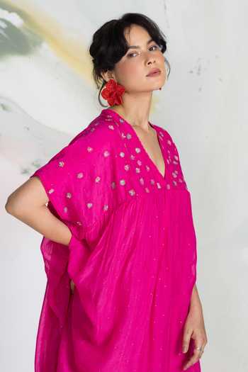 Ilk_Pink Chiffon, Mukaish Embroidery V-neck Ditsy Lichen Short Dress _at_Aza_Fashions