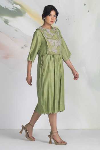 Buy Ilk Green Crepe, Viscose Embroidery Round Neck Patchwork Bib Jacket Online at Aza Fashions Buy_Ilk_Green Crepe, Viscose Embroidery Round Neck Patchwork Bib Jacket _Online_at_Aza_Fashions