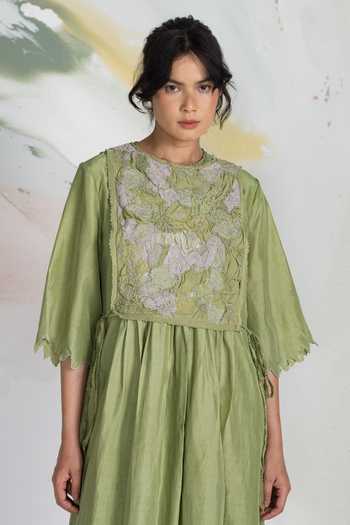 Shop Ilk Green Crepe, Viscose Embroidery Round Neck Patchwork Bib Jacket Online at Aza Fashions Shop_Ilk_Green Crepe, Viscose Embroidery Round Neck Patchwork Bib Jacket _Online_at_Aza_Fashions