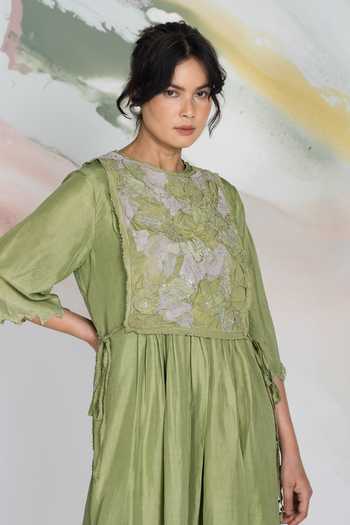 Ilk Green Crepe, Viscose Embroidery Round Neck Patchwork Bib Jacket at Aza Fashions Ilk_Green Crepe, Viscose Embroidery Round Neck Patchwork Bib Jacket _at_Aza_Fashions